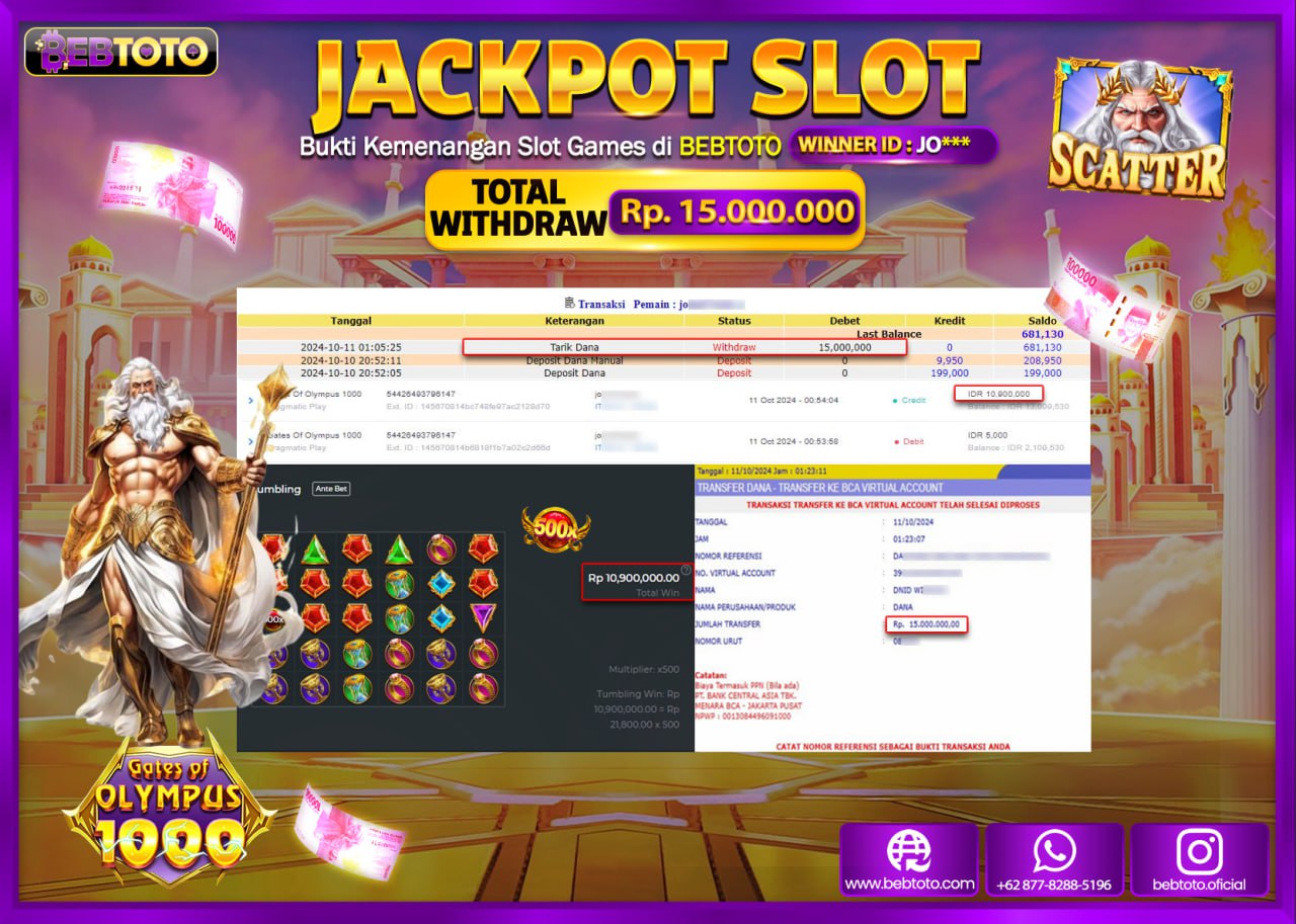 JACKPOT SLOT BEBTOTO GATES OF OLYMPUS 1000 Rp.15.000.000.,- LUNAS