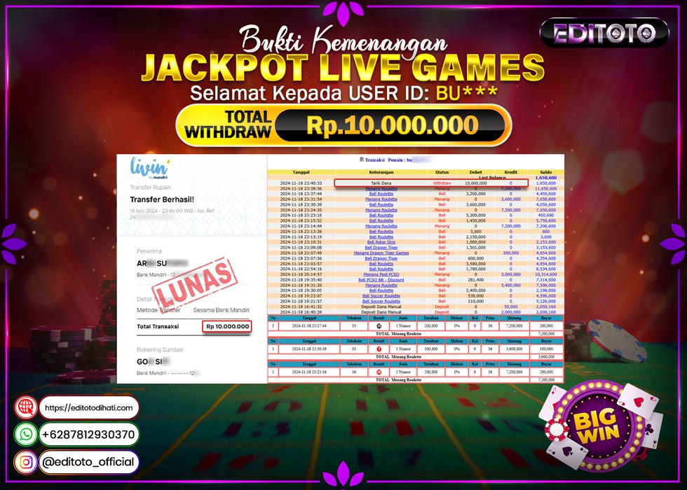 JACKPOT LIVE GAMES ROULETTE GAMES Rp.10.000.000.,- LUNAS