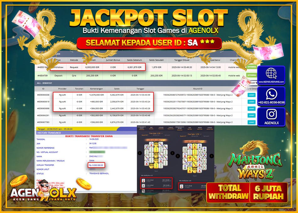 AGENOLX JACKPOT SLOT MAHJONG WAYS 2 Rp 6.000.000,- LUNAS