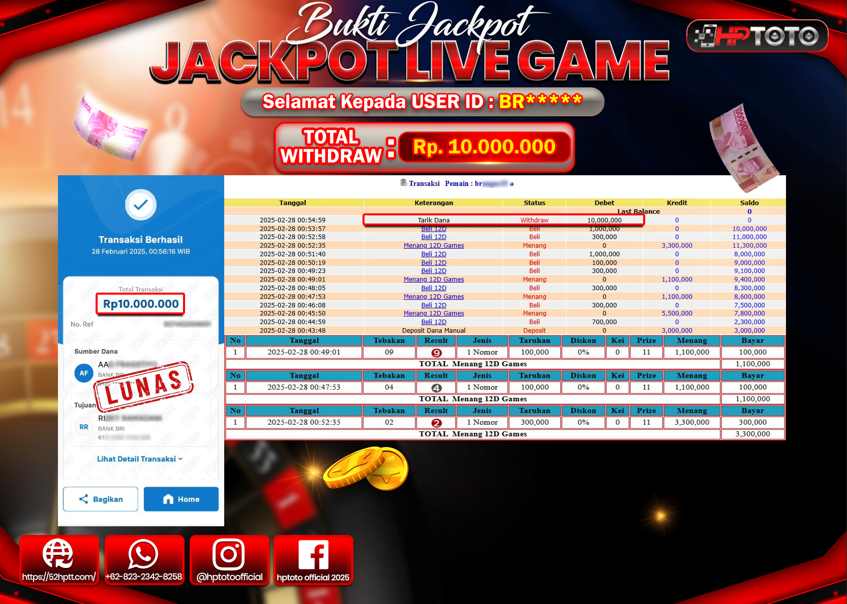HPTOTO JACKPOT LIVEGAME 12D GAMES Rp.10.000.000,- LUNAS