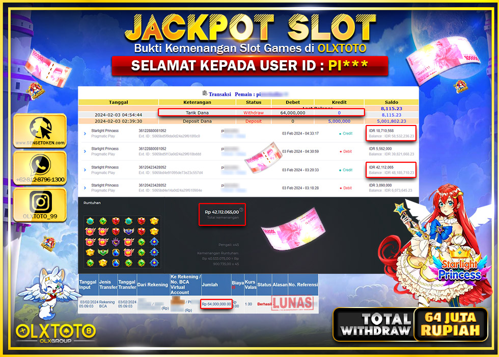 OLXTOTO JACKPOT SLOT STARLIGHT PRINCESS Rp.64.000.000.,- LUNAS