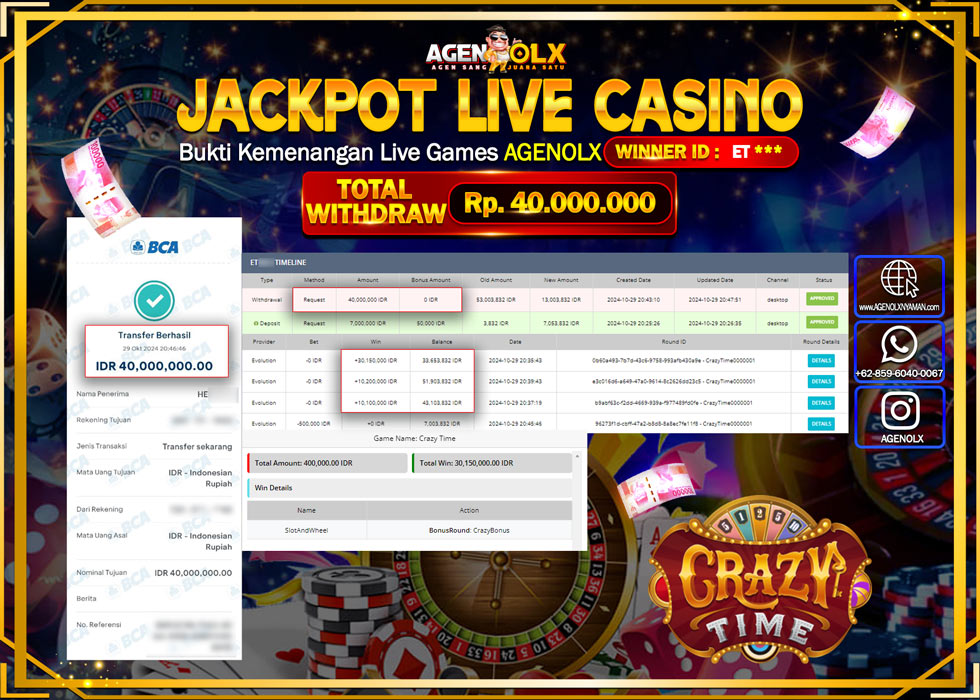 AGENOLX JACKPOT  LIVE CASINO CRAZY TIME  Rp 40.000.000,- LUNAS
