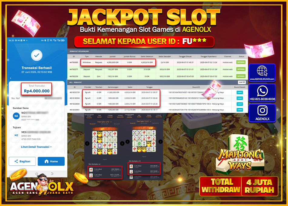 AGENOLX JACKPOT SLOT MAHJONG WAYS Rp 4.000.000,- LUNAS