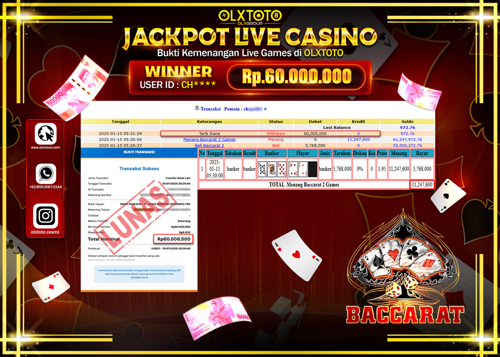 OLXTOTO JACKPOT  LIVE GAMES BACCARAT Rp.60.000.000.,- LUNAS