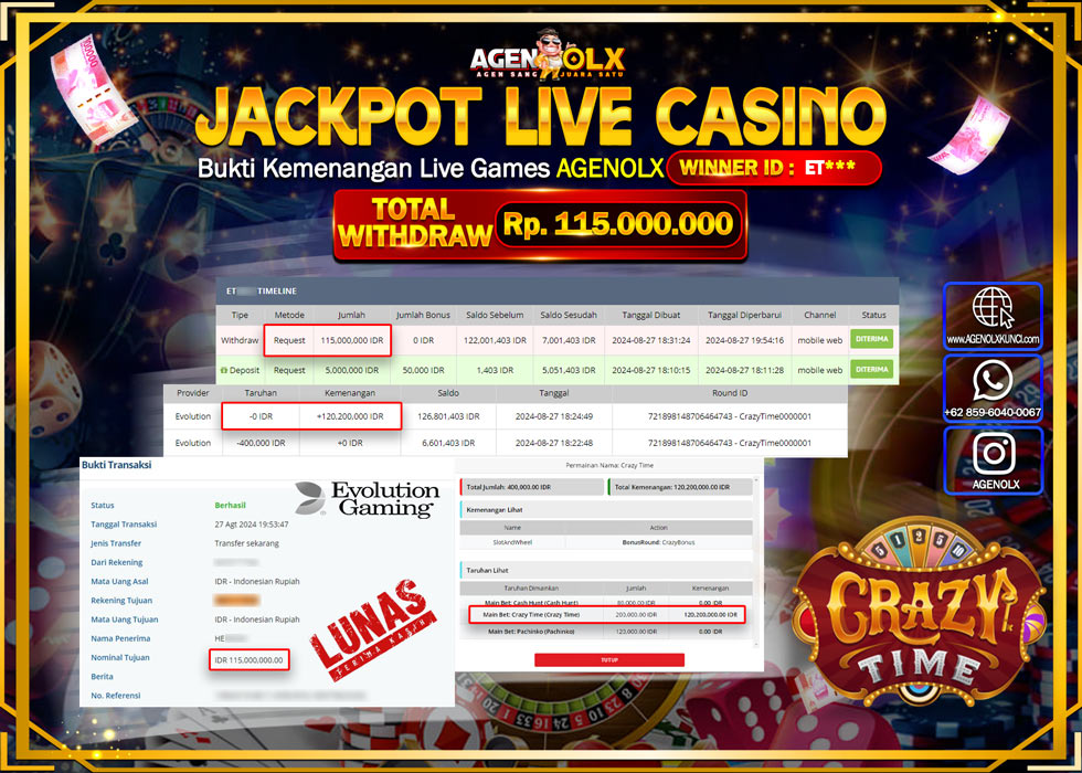 AGENOLX JACKPOT LIVE CASINO CRAZY TIME Rp.115.000.000,- LUNAS