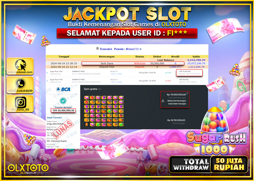 OLXTOTO JACKPOT  SLOT SUGAR RUSH 1000 Rp.50.000.000.,- LUNAS