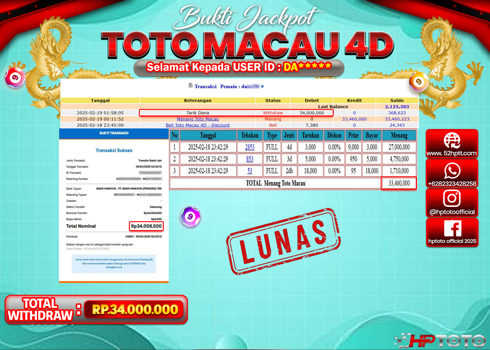 HPTOTO JACKPOT TOGEL PASARAN TOTOMACAU Rp.34.000.000,- LUNAS