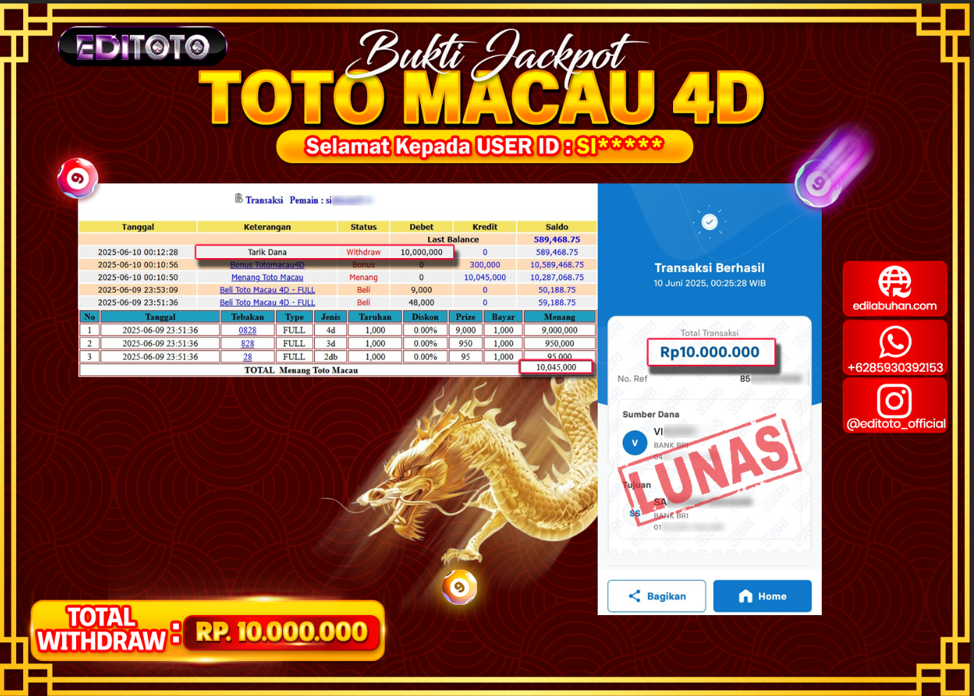 JACKPOT EDITOTO TOGEL PASARAN TOTO MACAU 4D Rp.10.000.000.,- LUNAS