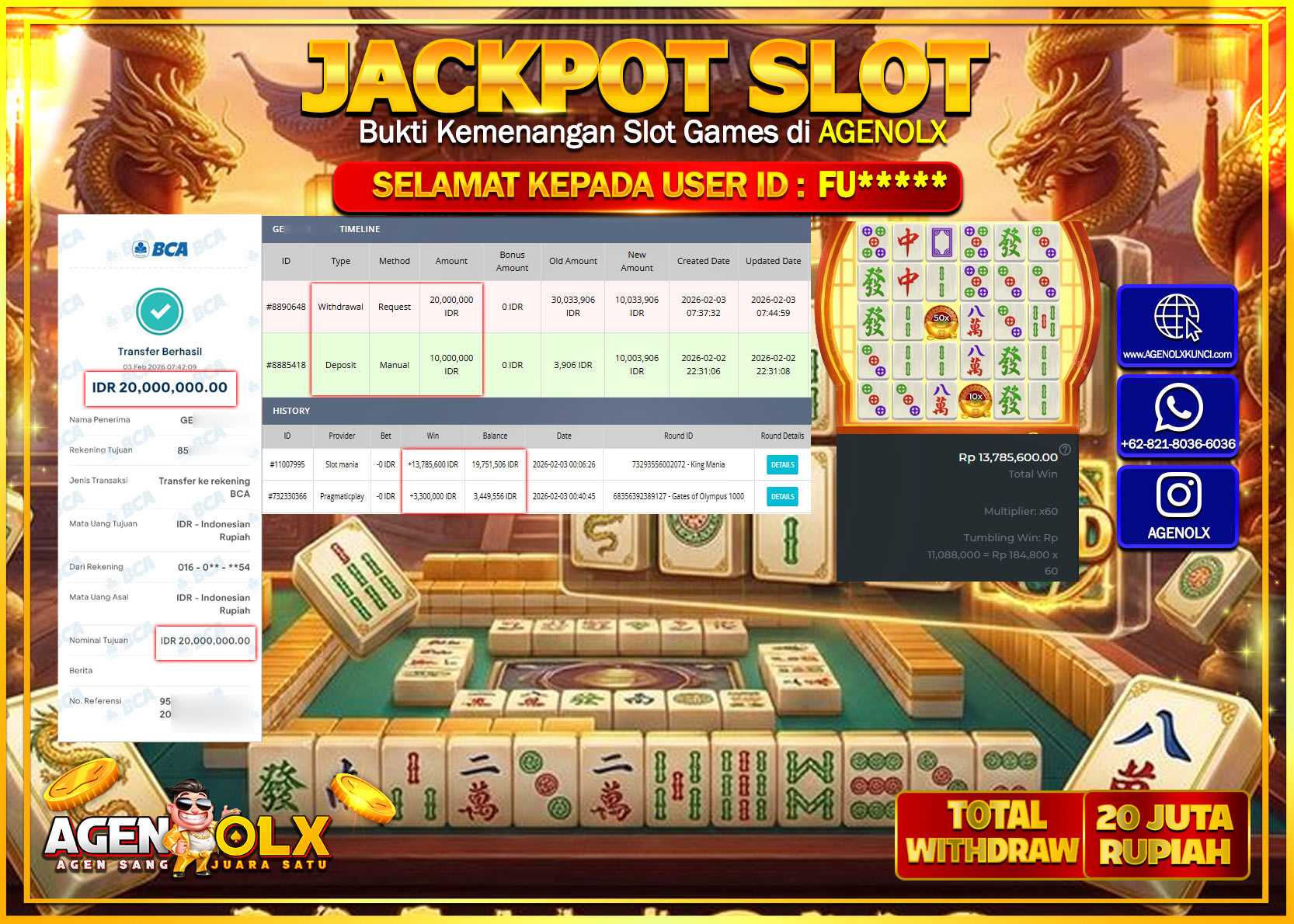 AGENOLX JACKPOT SLOT KING MANIA Rp 20.000.000 - LUNAS