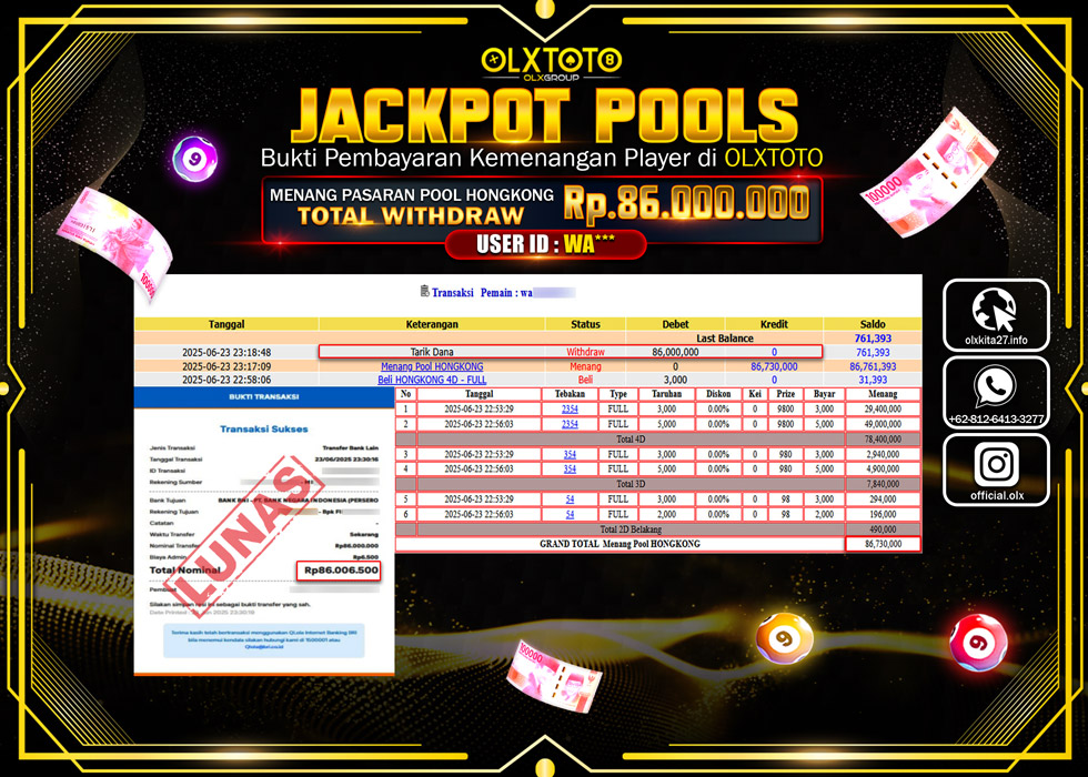 BONDAN69 JACKPOT  TOGEL POOL HONGKONG Rp.86.000.000.,- LUNAS