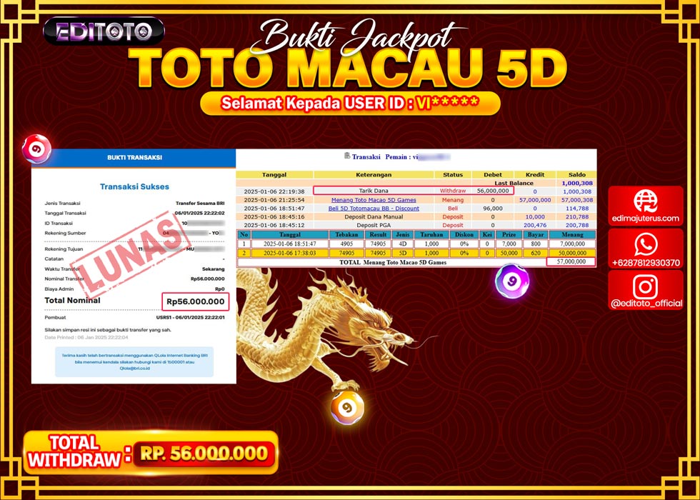 JACKPOT TOGEL PASARAN TOTOMACAU 5D Rp.56.000.000.,- LUNAS