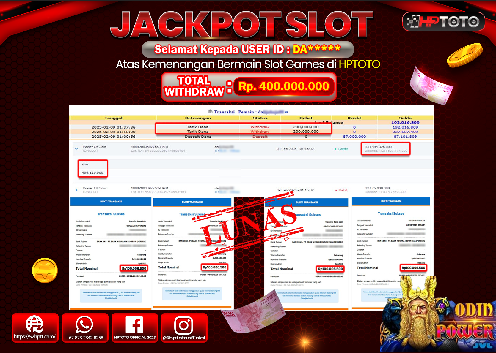 HPTOTO JACKPOT SLOT POWER OF ODIN Rp.400.000.000,- LUNAS