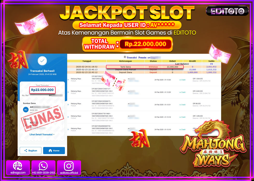 JACKPOT SLOT MAHJONG WAYS  Rp.22.000.000.,- LUNAS