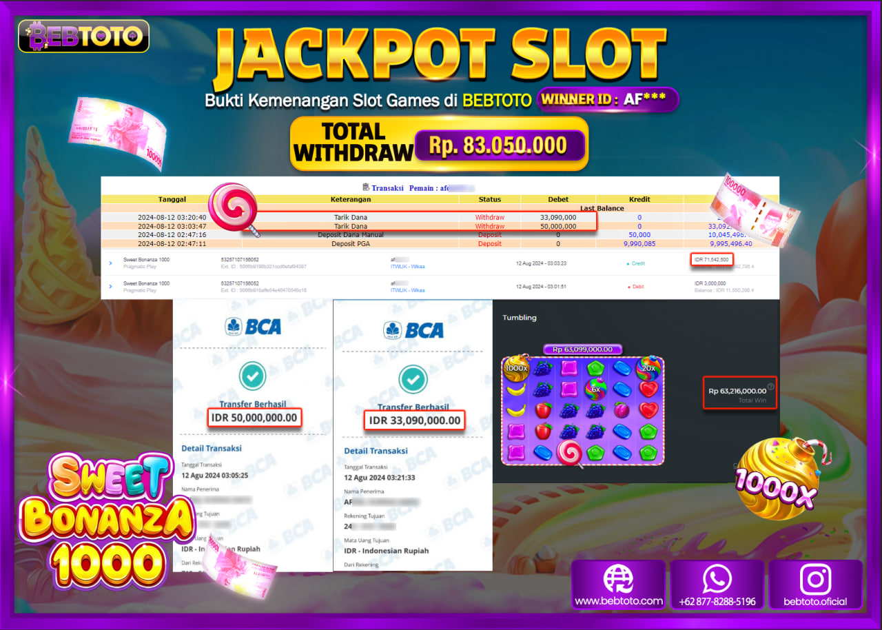 JACKPOT SLOT BEBTOTO Sweet Bonanza 1000 Rp.83.050.000.,- LUNAS