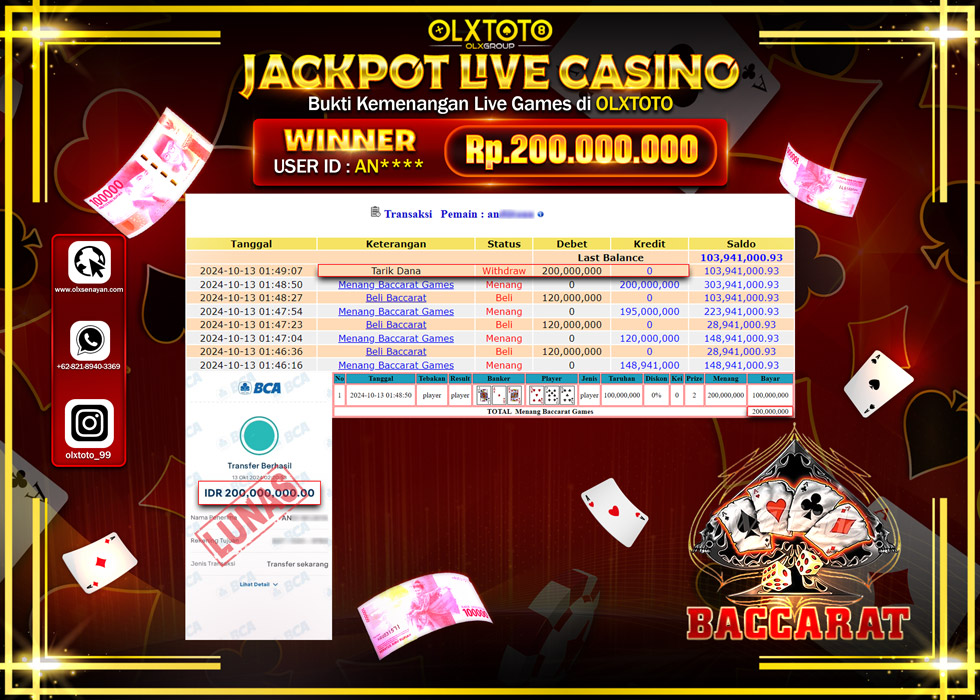 OLXTOTO JACKPOT  LIVE GAMES BACCARAT  Rp.200.000.000.,- LUNAS