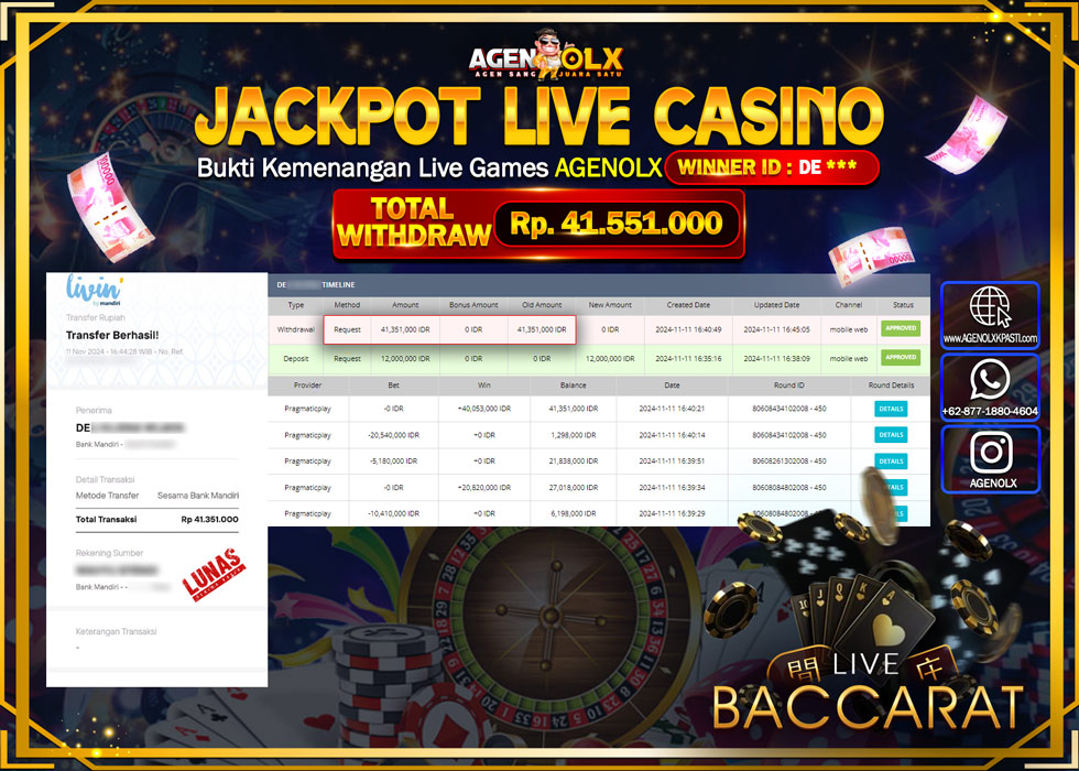 AGENOLX JACKPOT  LIVE CASINO BACCARAT Rp 41.551.000,- LUNAS
