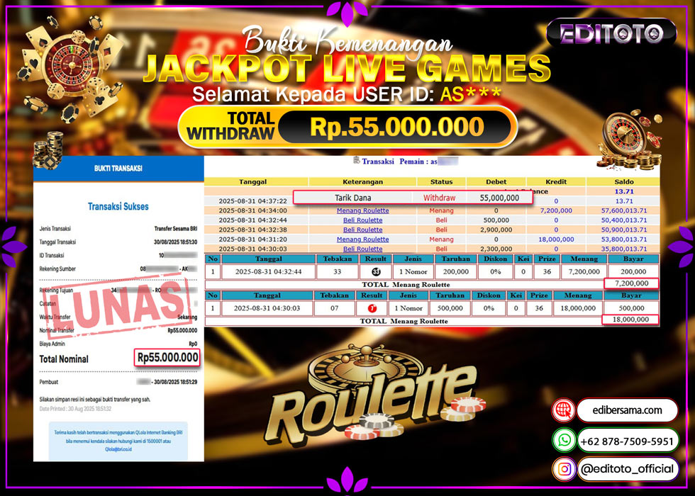 JACKPOT EDITOTO LIVE GAMES ROULETTE Rp. 55.000.000.,- LUNAS