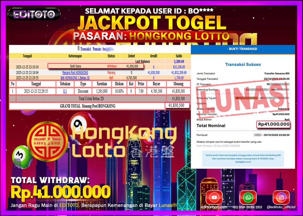 JACKPOT EDITOTO TOGEL PASARAN HONGKONG LOTTO Rp.41.000.000.,- LUNAS 