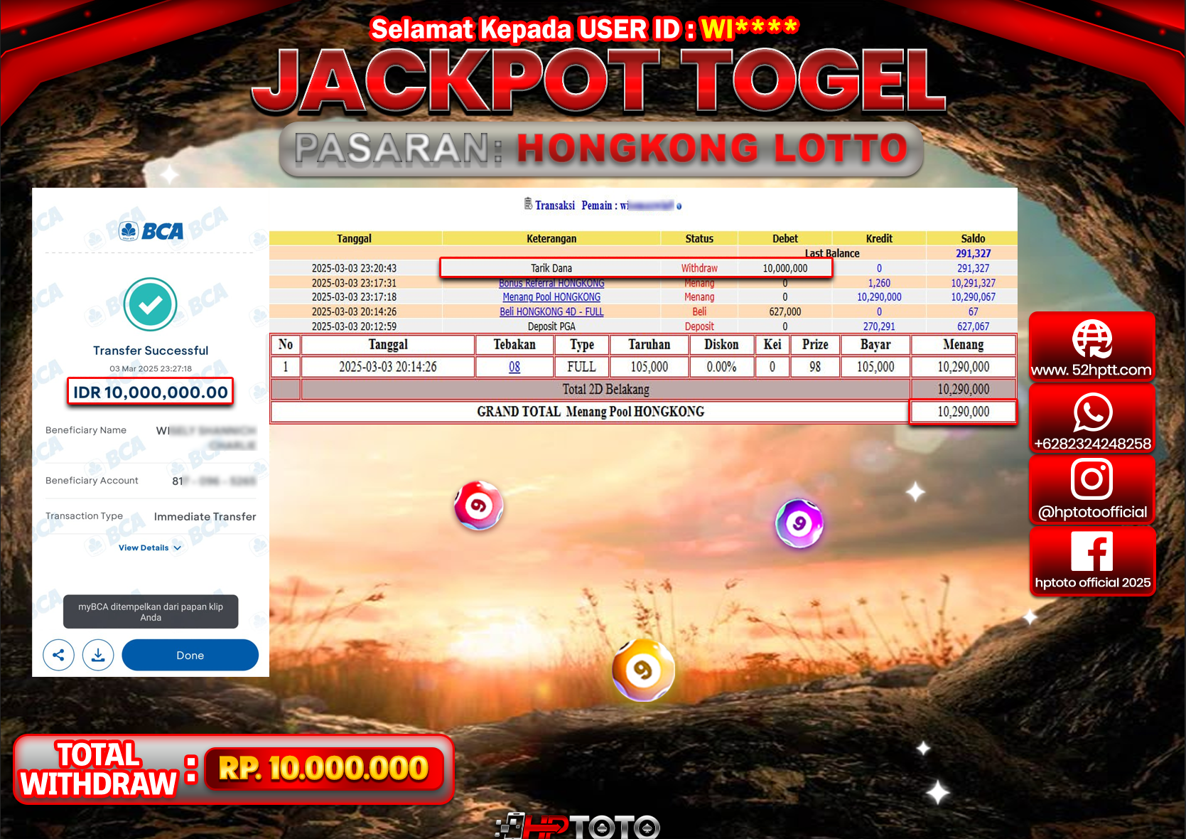 HPTOTO JACKPOT TOGEL PASARAN HONGKONG LOTTO Rp.10.000.000,- LUNAS