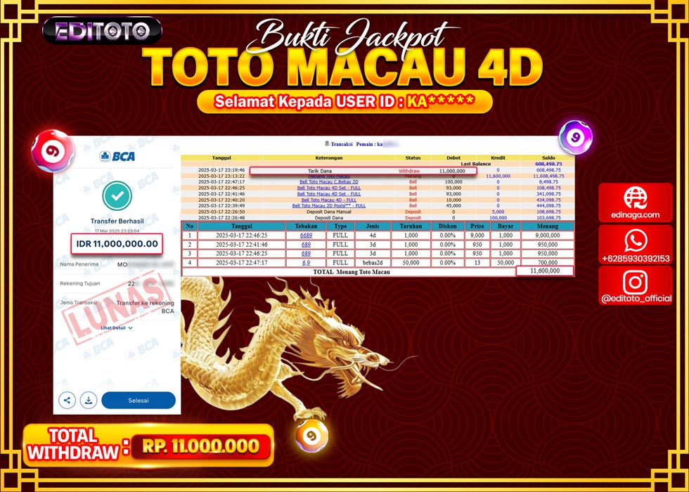 JACKPOT TOGEL PASARAN TOTOMACAU 4D Rp.11.000.000.,- LUNAS