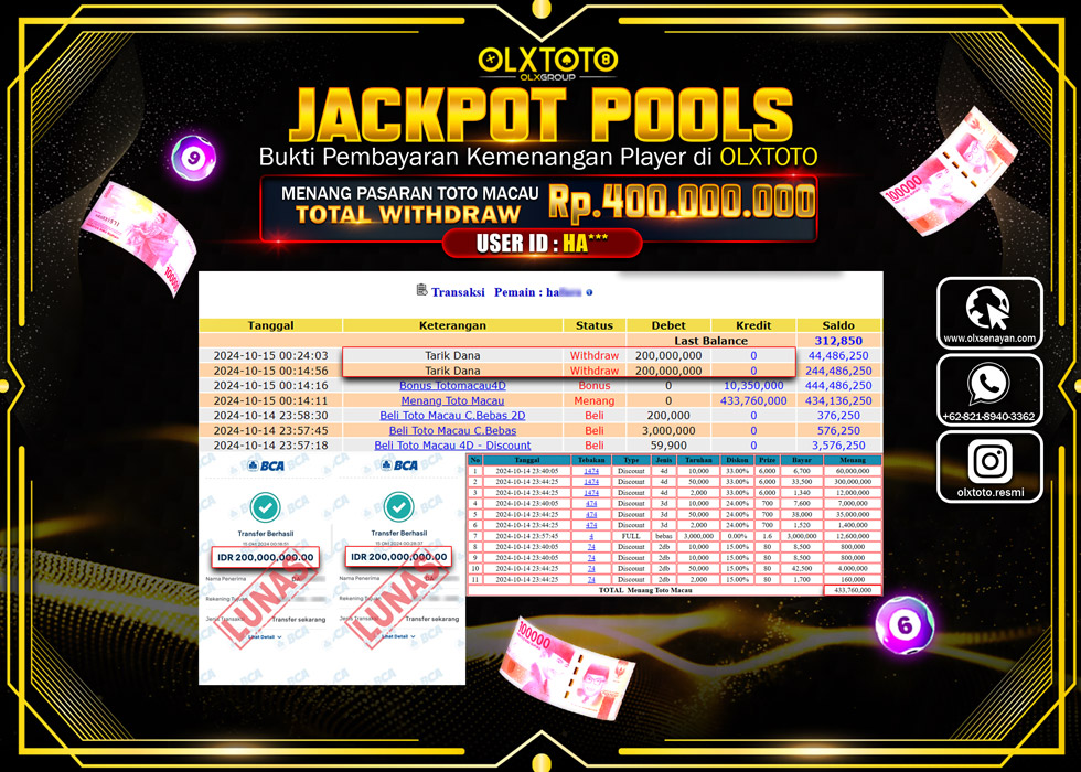 OLXTOTO JACKPOT  TOGEL POOL TOTO MACAU Rp.400.000.000.,- LUNAS