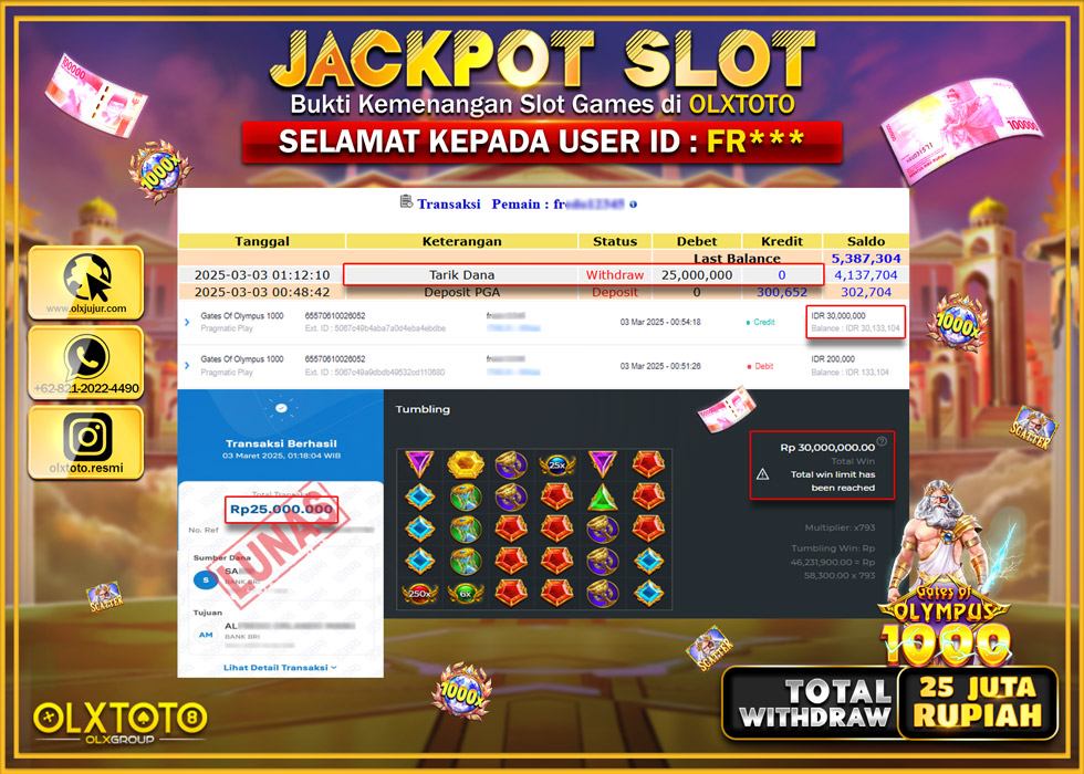 OLXTOTO JACKPOT GATES OF OLYMPUS 1000 Rp.25.000.000.,- LUNAS