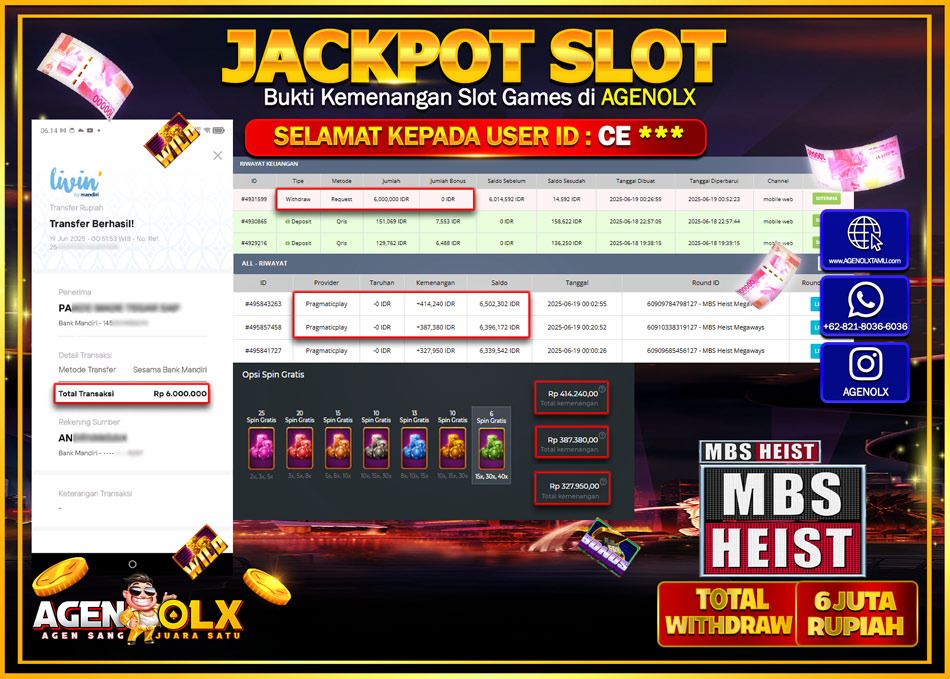 AGENOLX JACKPOT SLOT MBS HEIST MEGAWAYS  Rp 6.000.000,- LUNAS