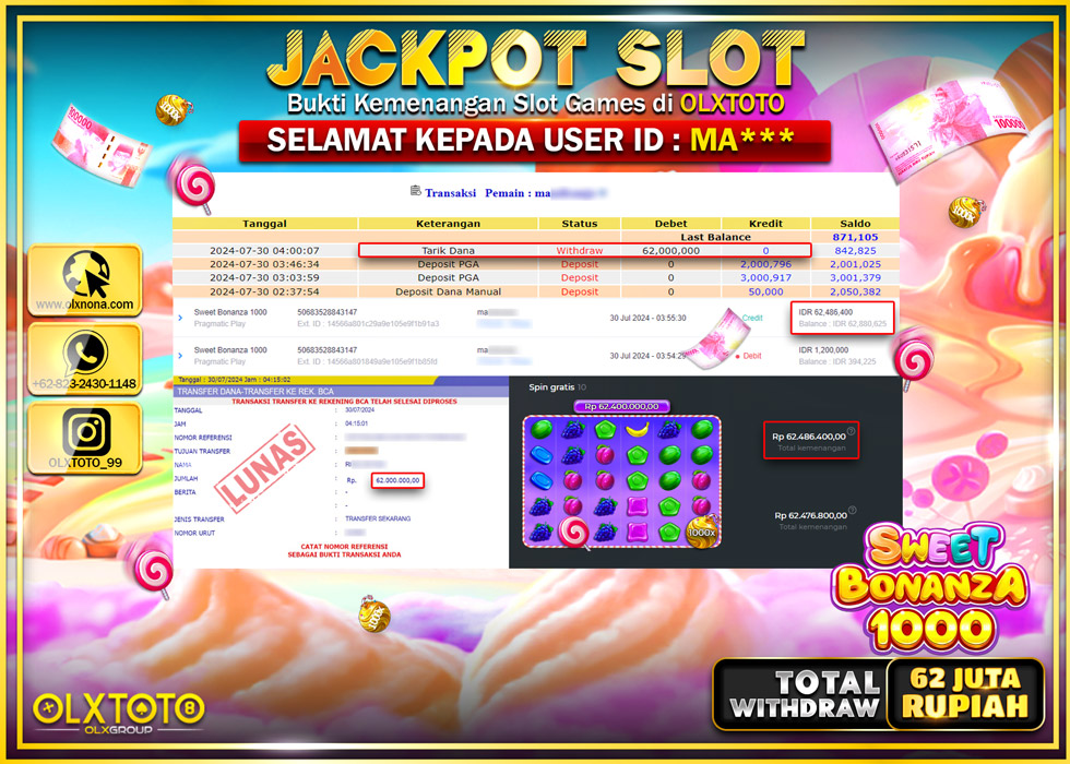 OLXTOTO JACKPOT  SLOT SWEET BONANZA 1000 Rp.62.000.000.,- LUNAS
