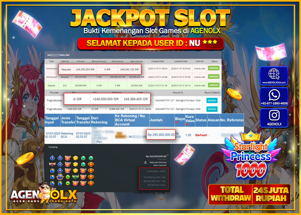 AGENOLX JACKPOT SLOT STARLIGHT PRINCESS 1000 Rp 245.000.000,- LUNAS