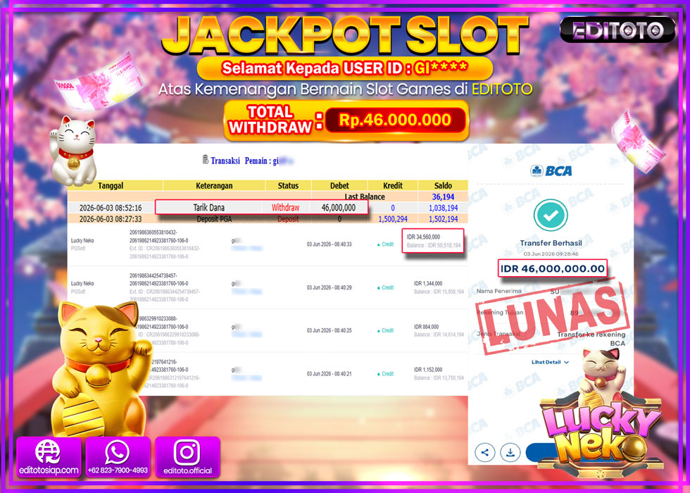 JACKPOT EDITOTO SLOT LUCKY NEKO Rp.46.000.000,- LUNAS