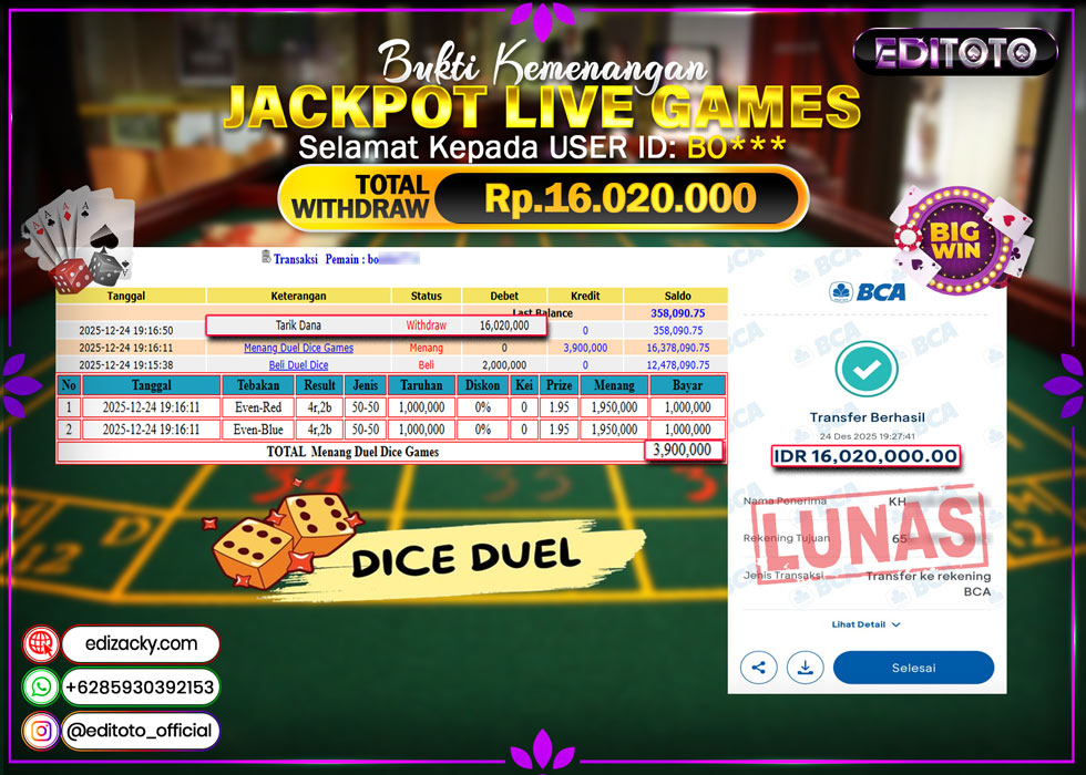 JACKPOT EDITOTO LIVE GAMES DUEL DICE GAMES Rp. 16.020.000.,- LUNAS