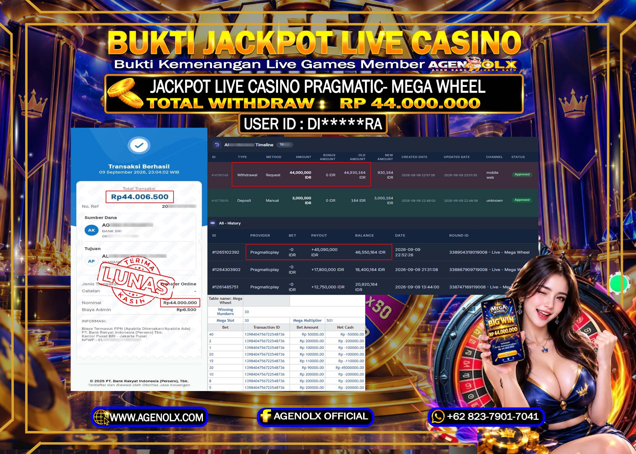 AGENOLX JACKPOT LIVE CASINO PRAGMATIC - MEGA WHEEL  RP 44.000.000 - LUNAS