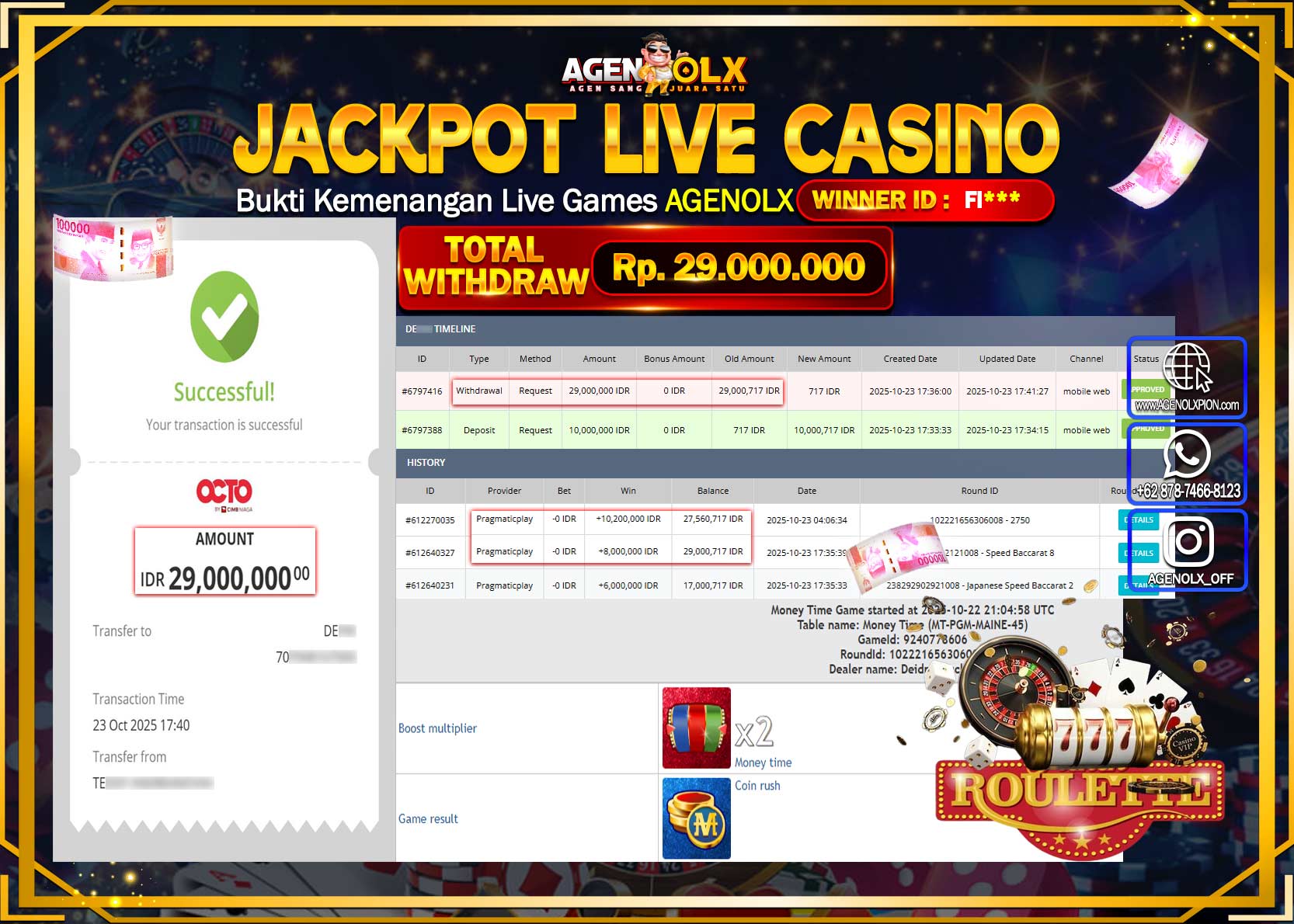AGENOLX JACKPOT LIVE CASINO MONEY TIME GAME Rp 29,000,000,- LUNAS