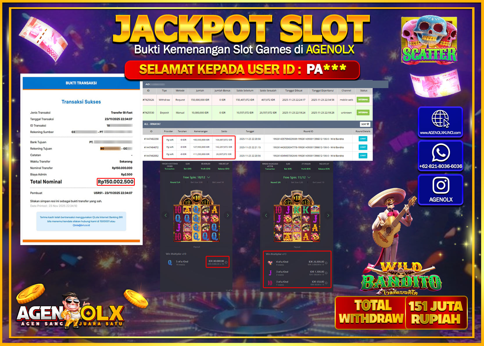AGENOLX JACKPOT SLOT WILD BANDITO Rp 150,000,000,- LUNAS