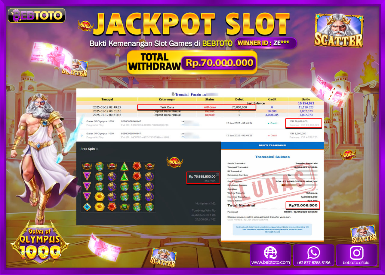 JACKPOT SLOT BEBTOTO GATES OF OLYMPUS 1000 Rp.70.000.000.,- LUNAS