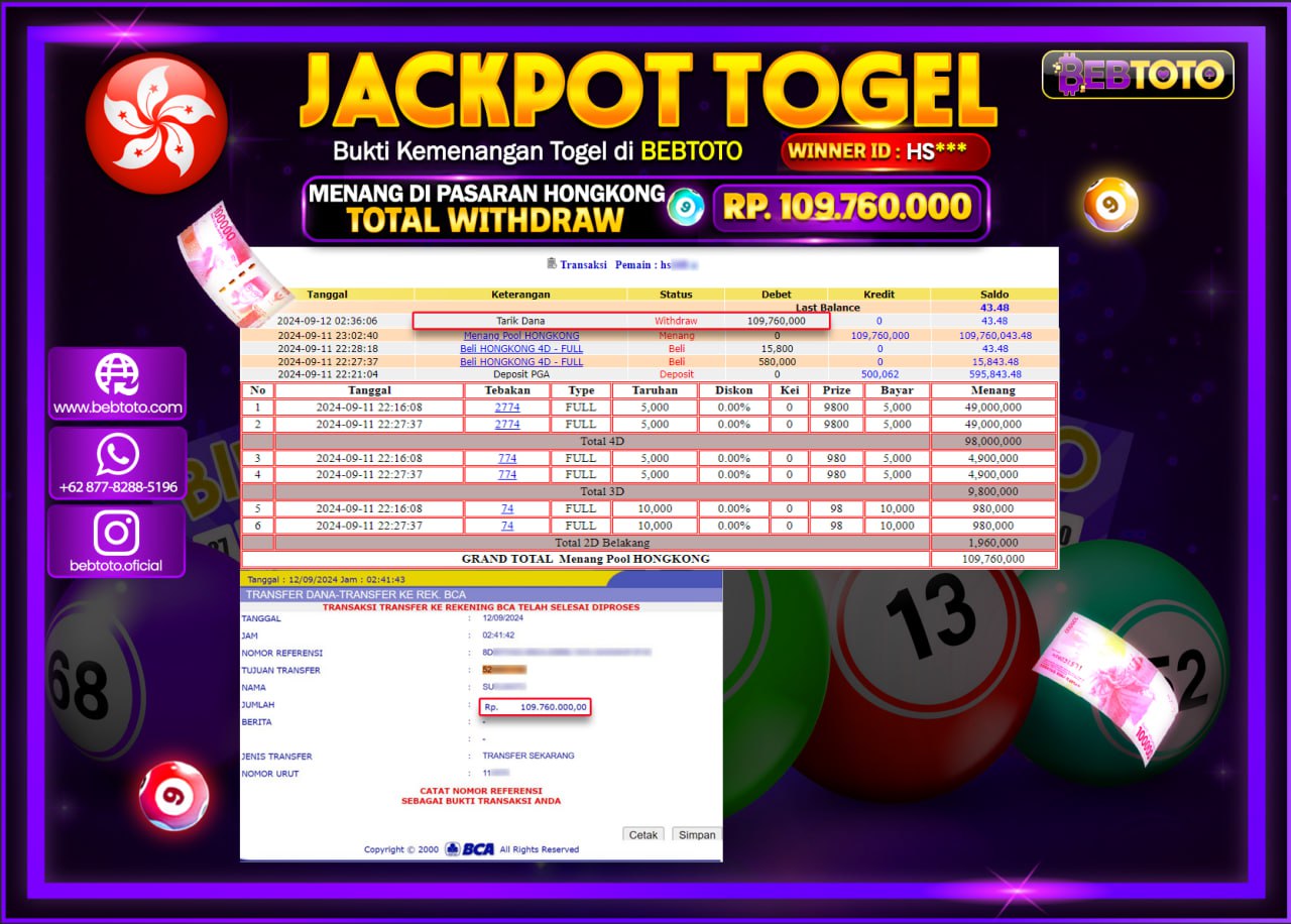 JACKPOT TOGEL BEBTOTO HONGKONG 4D POOLS Rp.109.760.000.,- LUNAS