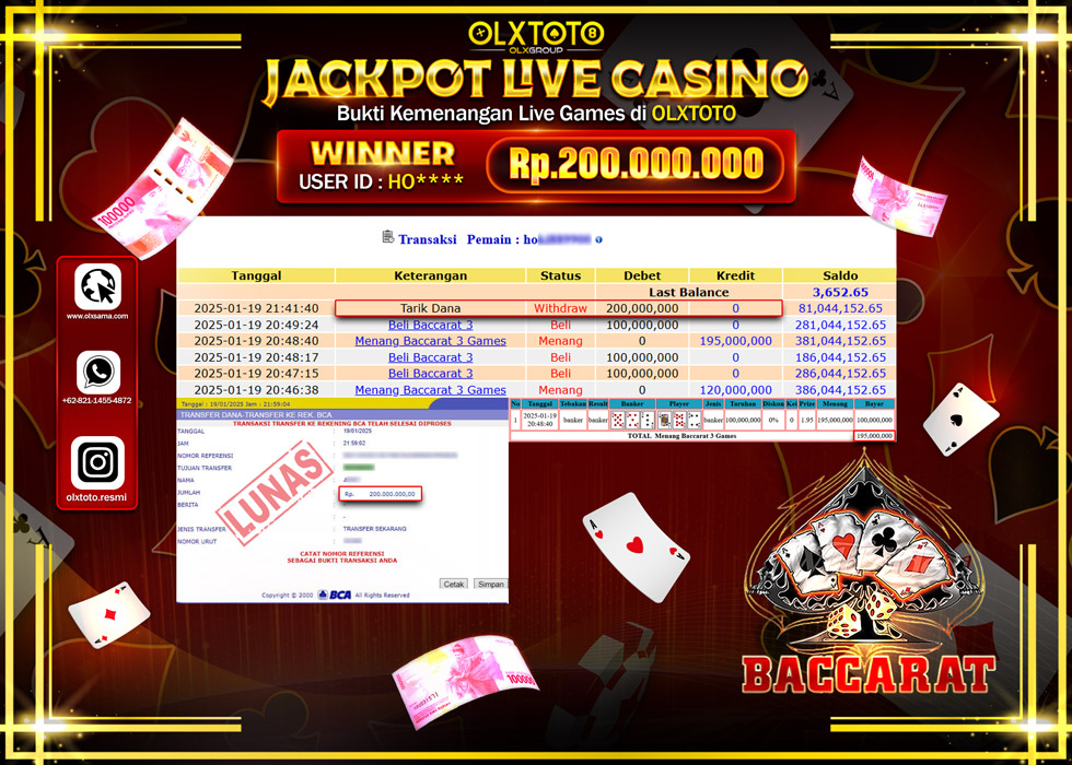 OLXTOTO JACKPOT  LIVE GAMES BACCARAT Rp.200.000.000.,- LUNAS