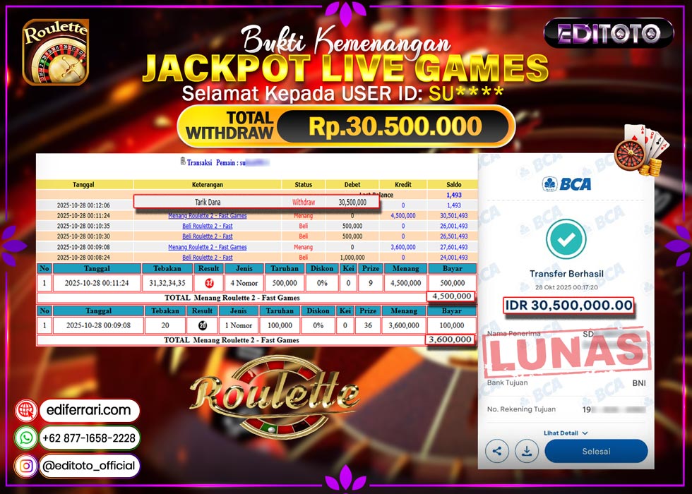 JACKPOT EDITOTO LIVE GAMES ROULLET 2 Rp. 30.500.000.,- LUNAS