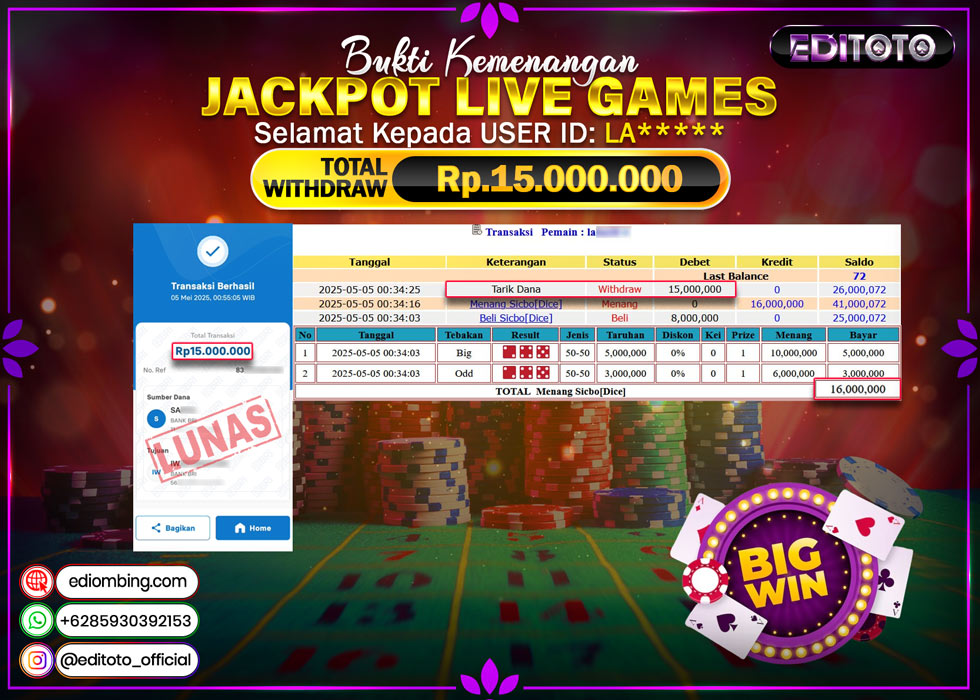 JACKPOT EDITOTO LIVE GAME SICBO DICE Rp.15.000.000.,- LUNAS