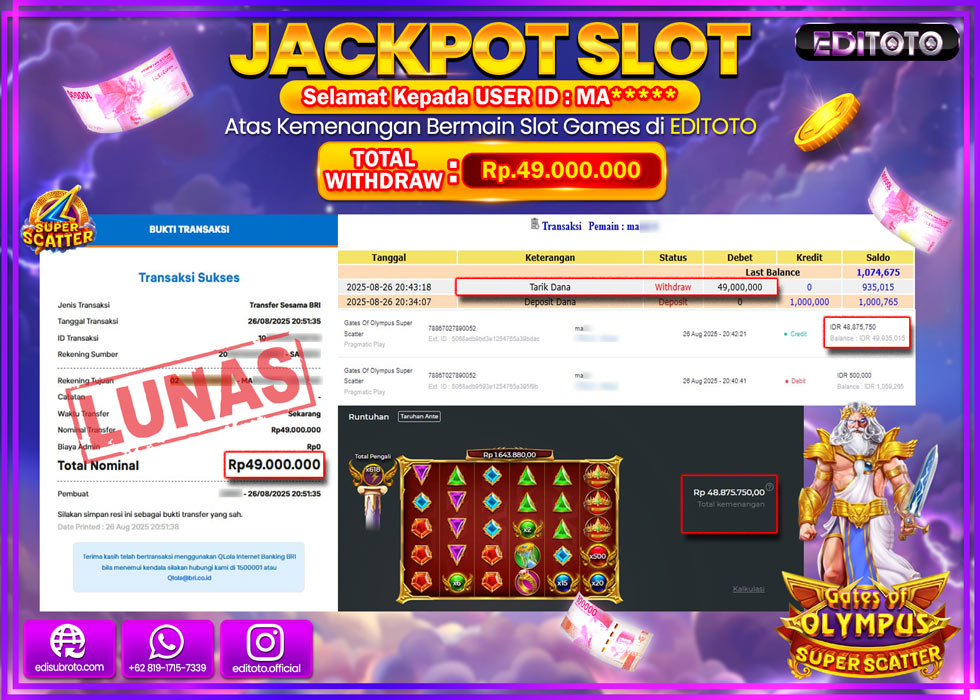 JACKPOT EDITOTO SLOT GATES OF OLYMPUS SUPER SCATTER Rp.49.000.000,- LUNAS 
