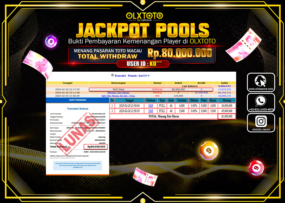 OLXTOTO JACKPOT  TOGEL POOL TOTO MACAU  Rp.80.000.000.,- LUNAS