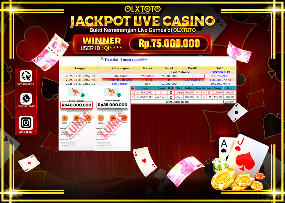 OLXTOTO JACKPOT  LIVE GAMES 24D SPIN Rp75.000.000.,- LUNAS