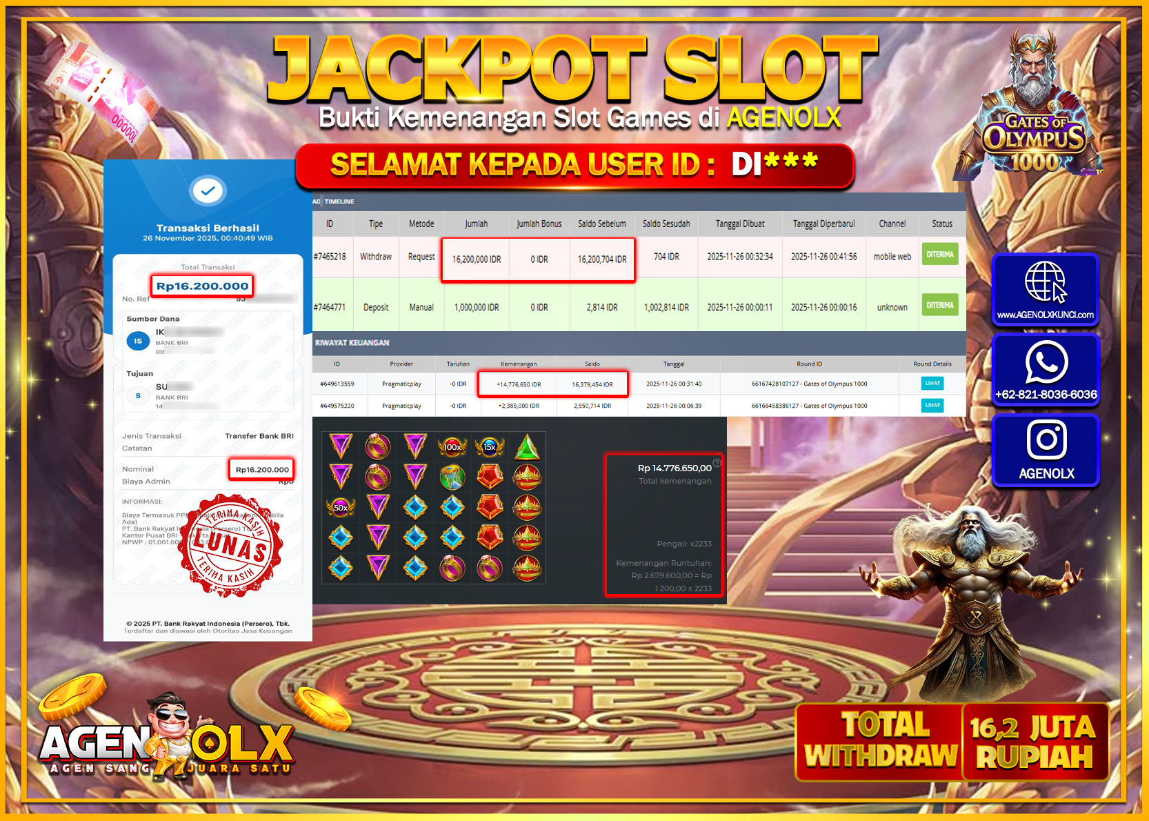 AGENOLX SLOT GATES OF OLYMPUS 1000 Rp 16,200,000,- LUNAS