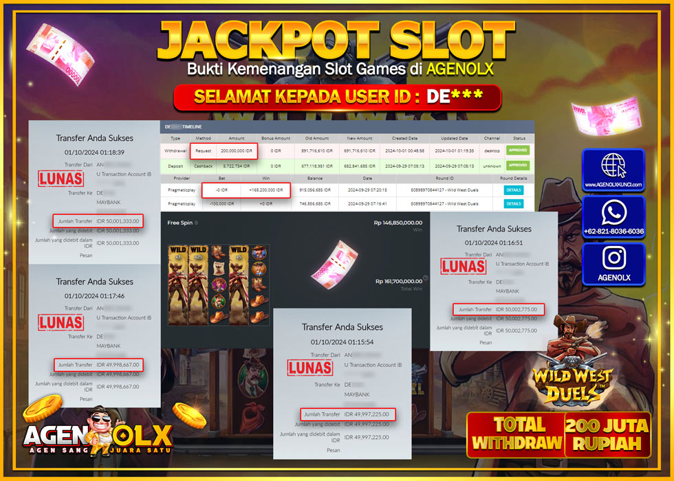 AGENOLX JACKPOT  SLOT WILD WEST DUELS Rp.200.000.000,- LUNAS