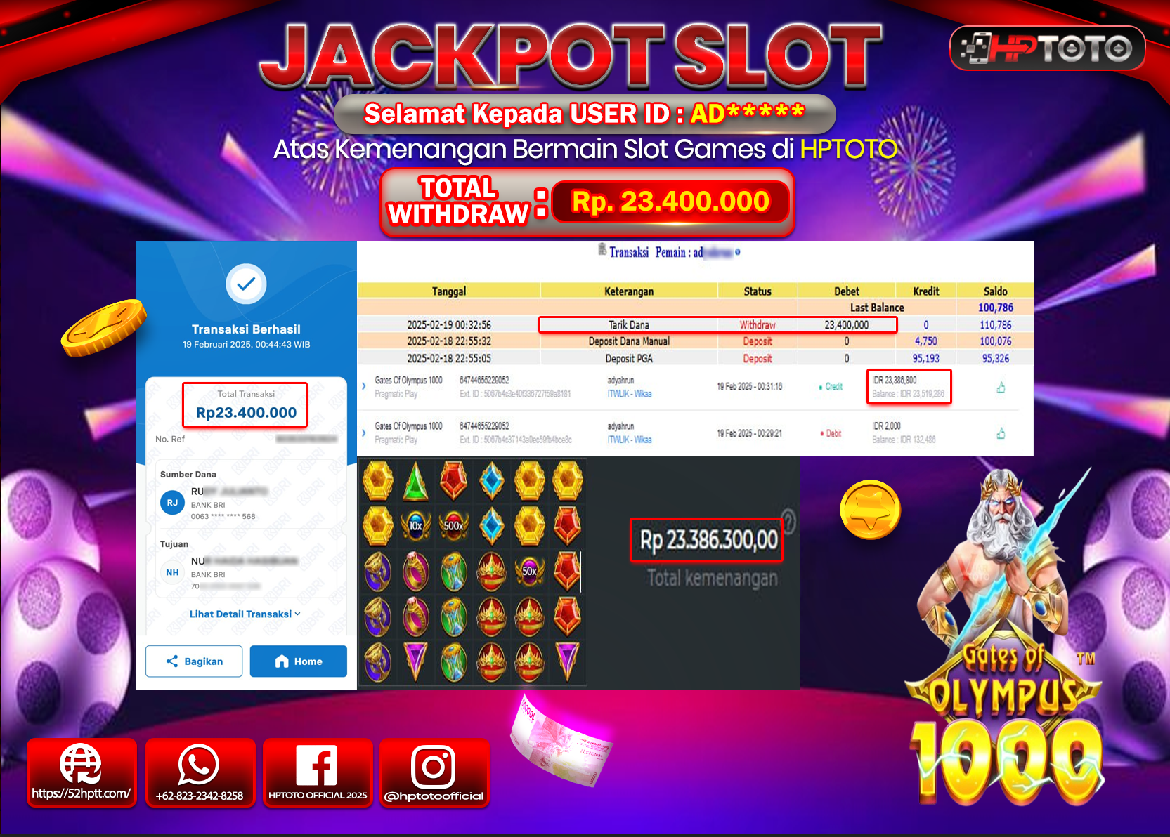 HPTOTO JACKPOT SLOT GATES OF OLYMPUS 1000 Rp.23.400.000,- LUNAS