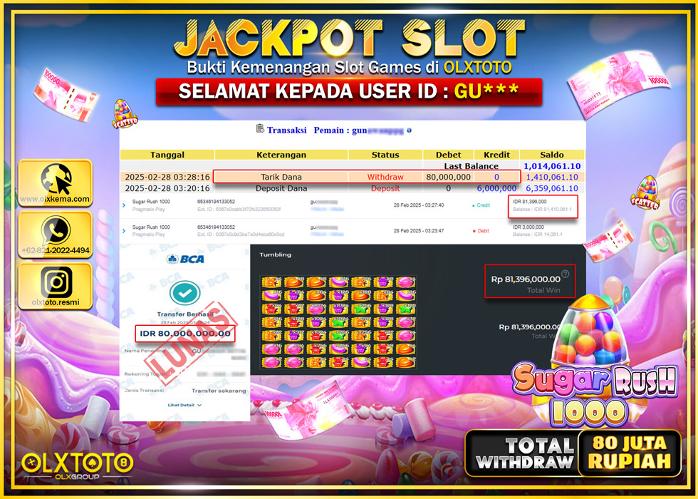 OLXTOTO JACKPOT SLOT SUGAR RUSH 1000 Rp.80.000.000.,- LUNAS