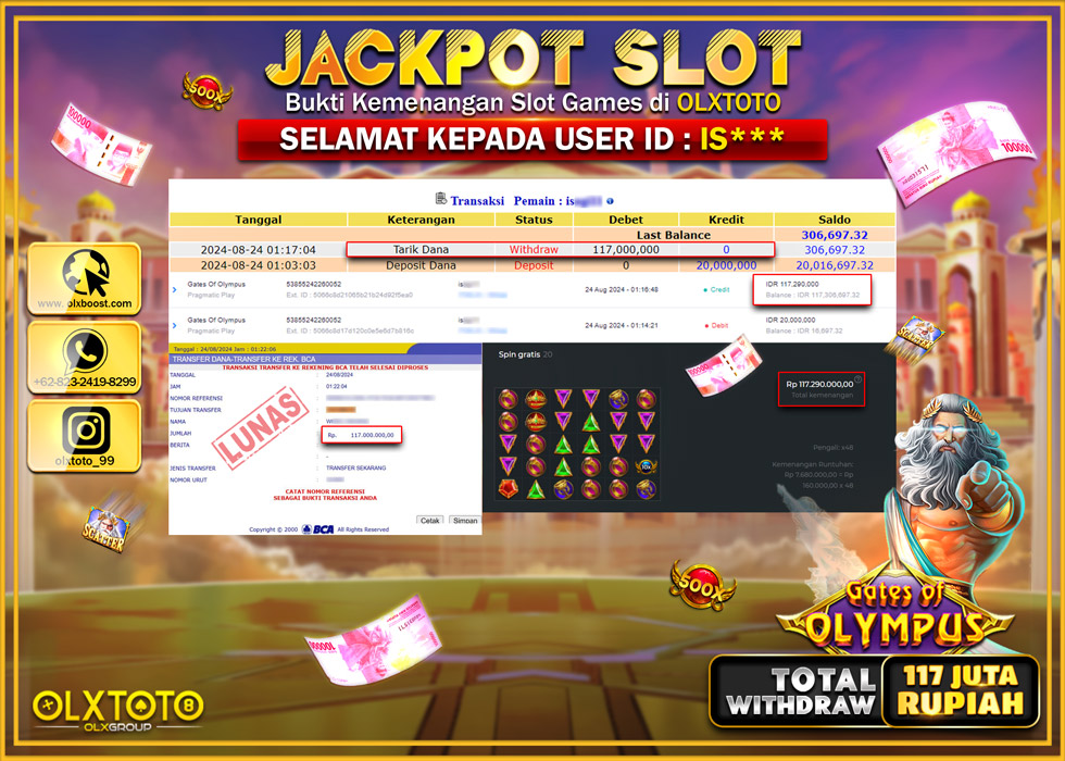 OLXTOTO JACKPOT  SLOT GATE OF OLYMPUS Rp.117.000.000.,- LUNAS