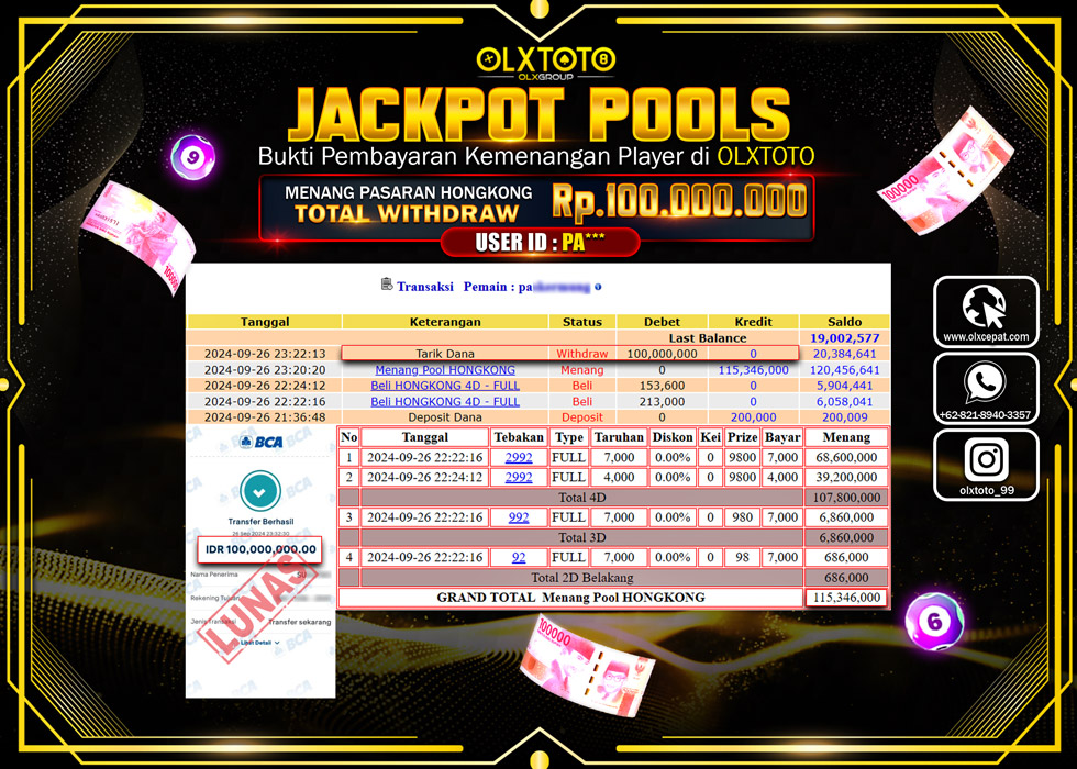 OLXTOTO JACKPOT  TOGEL POOL HONGKONG Rp.100.000.000.,- LUNAS
