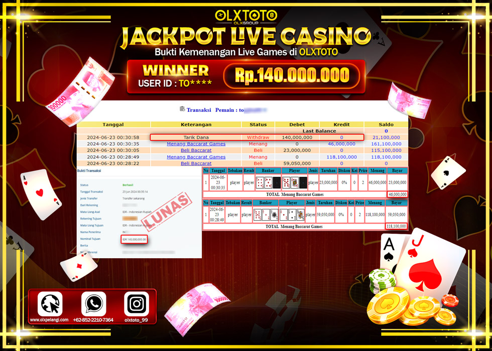 OLXTOTO JACKPOT LIVE GAMES BACCARAT Rp.140.000.000.,- LUNAS