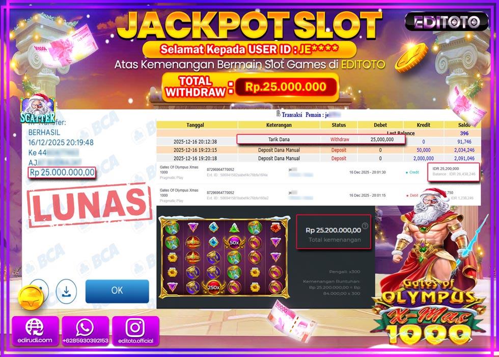 JACKPOT EDITOTO SLOT GATES OF OLYMPUS XMAS 1000  Rp.25.000.000,- LUNAS  